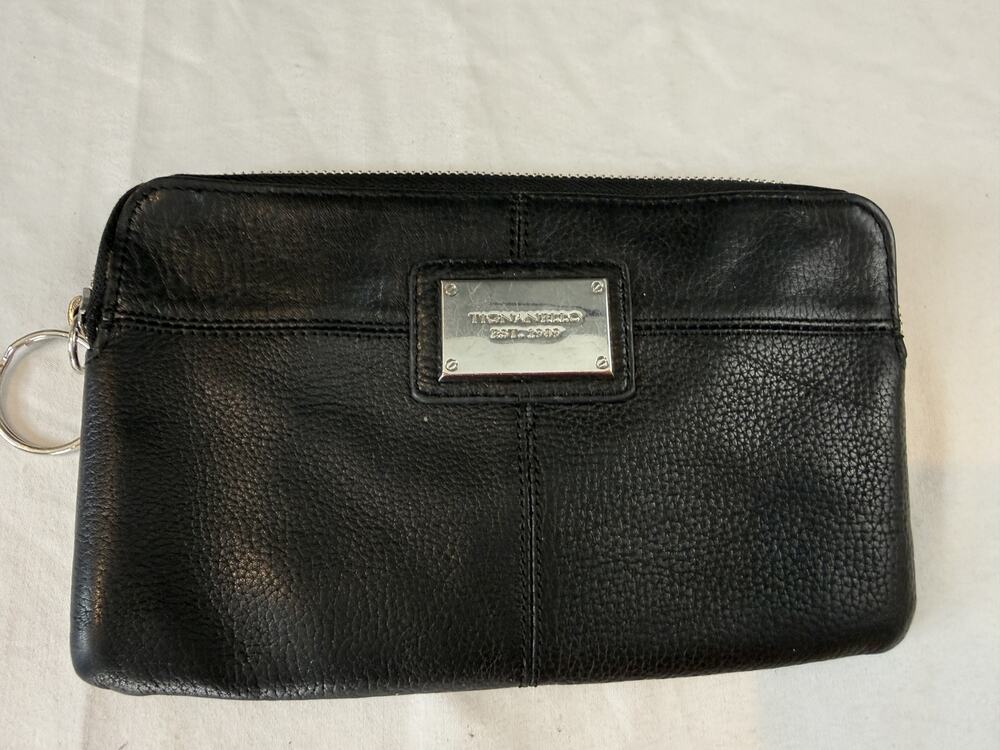 Tignanello Black Leather Zip Around Large Wallet Key Ring Striped Lining